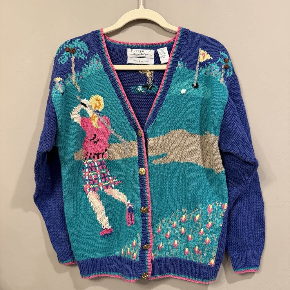 Vintage Northern Isles Hand Knit Women's Golf Cardigan PM Colorful Grannycore